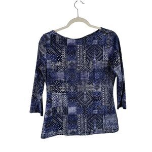 J McLaughlin 3/4 Sleeve Catalina Cloth Blouse Blue Patchwork Boho Womens Medium